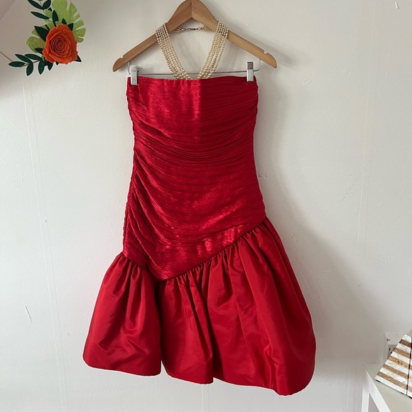 EUC VTG 90s Morton Miles Satin Red Strapless Cocktail Dress tulle slip - Picture 6 of 15